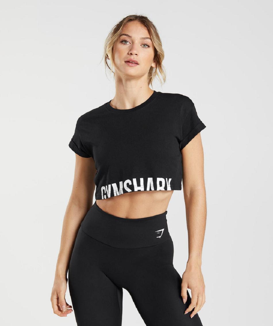 Przycięte Topy Damskie Gymshark Fraction Czarne | PL 2631LIS